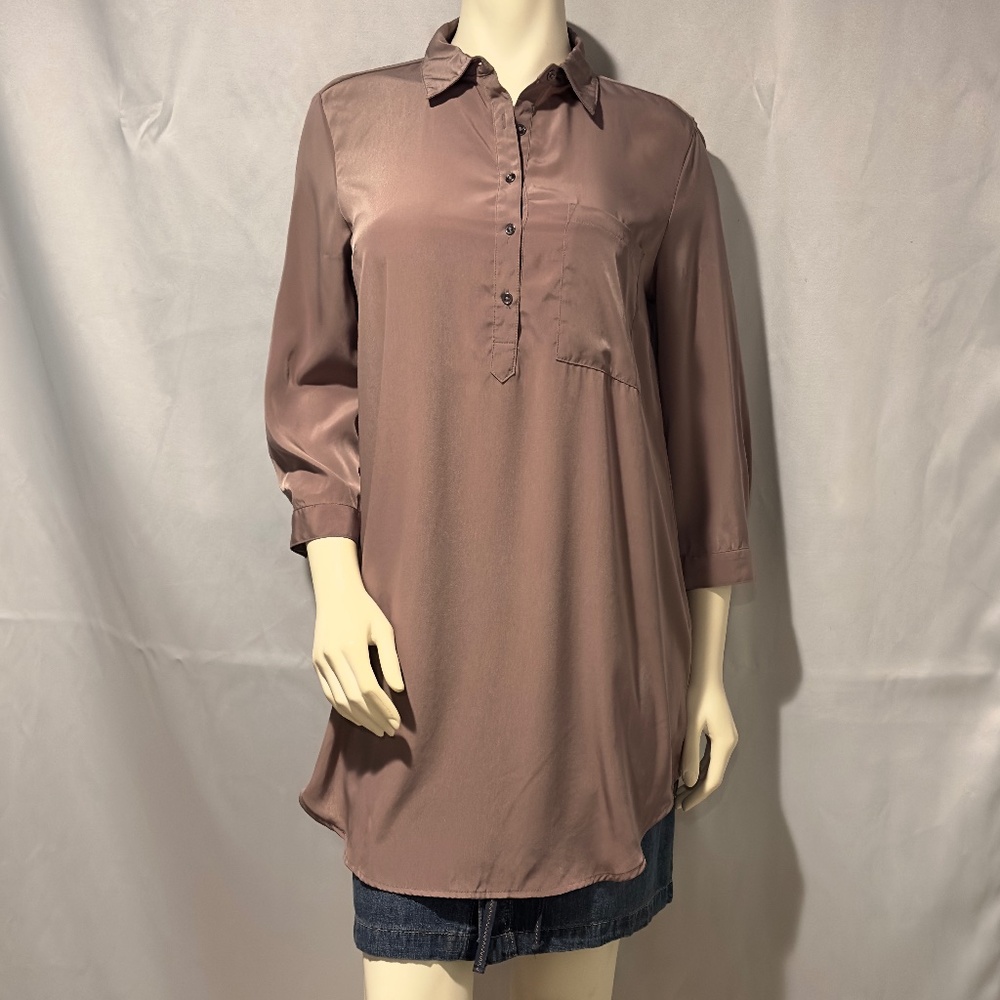 Vintage Taupe Dressy Blouse Tunic Top 3/4 Sleeves Career Office Size M
